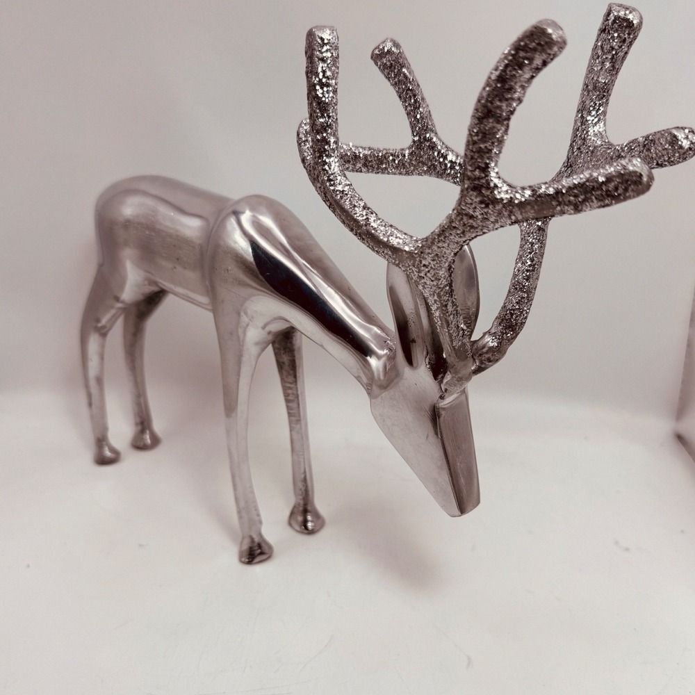 Silver Metal Reindeer Figurine Glitter Antlers Christmas Holiday Decor 9 Inch
